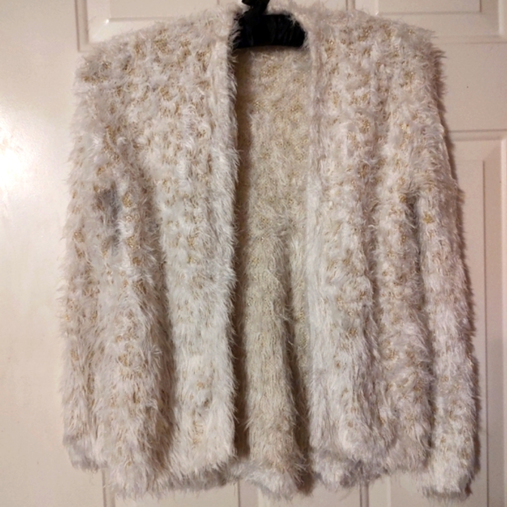 🔸🐇🔸Delightful XOXO Soft Ivory & Gold Lame Plush Furry Sweater Cardigan - M - Picture 8 of 16